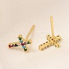 Rack Plating Cross Brass Micro Pave Cubic Zirconia Stud Earrings EJEW-H143-19G-3