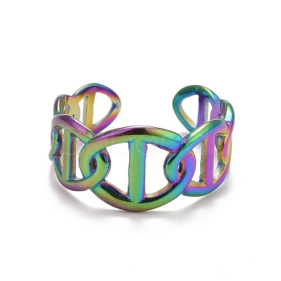 Rainbow Color Ion Plating(IP) 304 Stainless Steel Hollow Open Cuff Ring for Women RJEW-A005-25MC-1