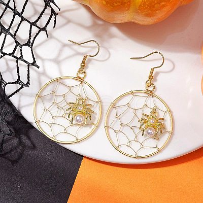 Copper Wire Wrapped Spider Web & Spider Dangle Earrings EJEW-JE05827-1