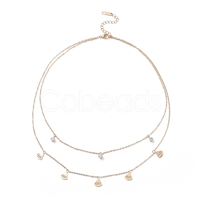 Double Chains Multi Layered Necklaces with Clear Cubic Zirconia and Fan Charms NJEW-D296-02G-1