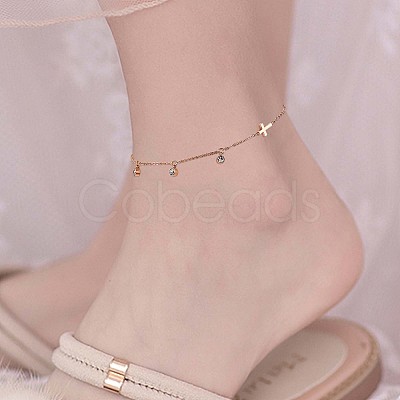 2Pcs 2 Style Flat Round Cubic Zirconia Charm Anklet with Cross JA195A-1