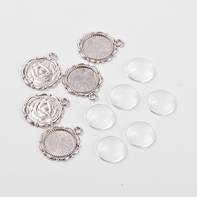 Flower Alloy Pendant Cabochon Settings and Half Round/Dome Clear Glass Cabochons DIY-X0221-AS-FF-1