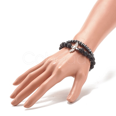 2Pcs 2 Style Natural Lava Rock & Synthetic Hematite Stretch Bracelets Set with Alloy Wings BJEW-JB08021-1