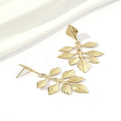 201 Stainless Steel Leaf Dangle Stud Earrings EJEW-D084-11G-1