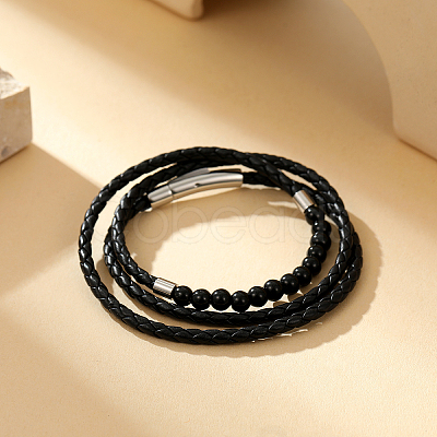 Round Natural Black Onyx(Dyed & Heated) Braided PU Leather Cord Wrap Bracelets for Women Men LC1757-2-1