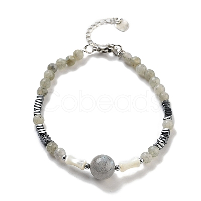 Natural Labradorite Round & Synthetic Non-magnetic Hematite & White Shell Beaded Bracelets for Women BJEW-K251-02E-1