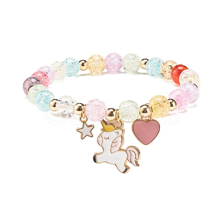 Candy Color Round Beaded Stretch Bracelet with Heart Unicorn Charm for Women BJEW-JB07636-04-1