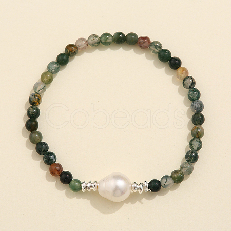 Natural Moss Agate & Freshwater Pearl Bead Stretch Bracelets for Women EC3110-5-1