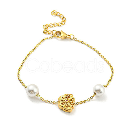 Real 18K Gold Plated Brass & Plastic Imitation Pearl Beaded Bracelet BJEW-D030-04B-G-1