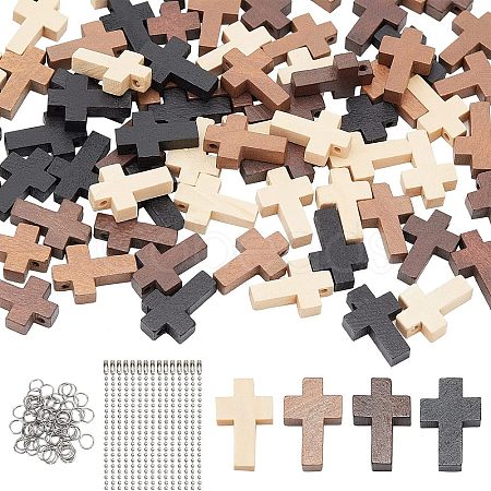 Nbeads 80Pcs 4 Colors Cross Wooden Pendants DIY-NB0007-52-1