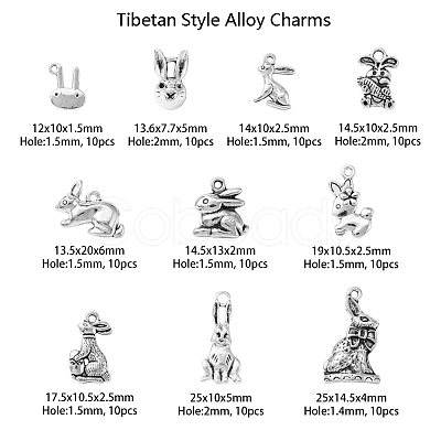 100Pcs 10 Style Tibetan Style Alloy Bunny Pendants TIBEP-CJ0001-72-1