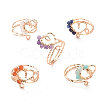 Heart Natural Mixed Stone Braided Bead Finger Rings RJEW-JR00530-1