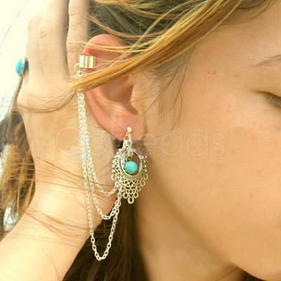 Retro Water Teardrop Turquoise and Twisted Chains Alloy Cuff Earrings EJEW-N0020-004B-1