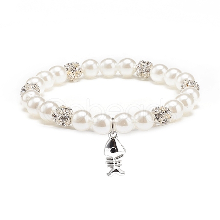 ABS Plastic Imitation Pearl  & Rhinestone Beaded Stretch Bracelet with Alloy Charm for Women BJEW-JB08526-04-1