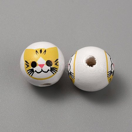 Printed Cat Wood European Beads WOOD-TAC0011-35C-1