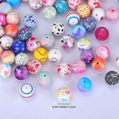 Printed Round with Flower Pattern Silicone Focal Beads SI-JX0056A-164-1