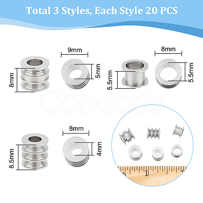 Unicraftale 60Pcs 3 Style 303 Stainless Steel European Beads STAS-UN0055-73-1