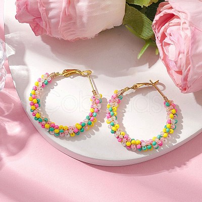 Colorful Glass Seed Beads Hoop Earrings EJEW-MZ00151-1