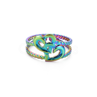 Rainbow Color 304 Stainless Steel Interlocking Heart Cuff Ring RJEW-N038-043M-1