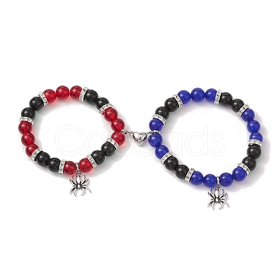 2Pcs 10mm Round Blue Cat Eye & Red Glass & Black Glass Beaded Stretch Bracelet Sets for Lover BJEW-JB10325-04-1