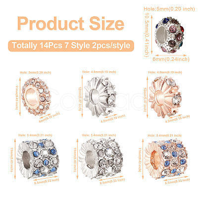 PandaHall 14Pcs 7 Style Zinc Alloy Rhinestone Beads ALRI-PJ0001-01-1