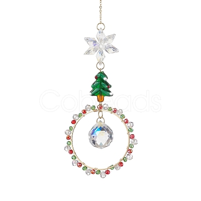 Christmas Wire Wrapped Glass Beads Ring Hanging Ornaments HJEW-TA00202-1