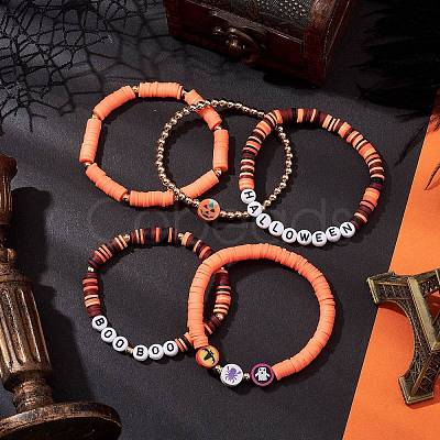 5Pcs 5 Styles Halloween Synthetic Non-magnetic Hematite & Polymer Clay Beaded Stretch Bracelet Sets BJEW-JB10733-1