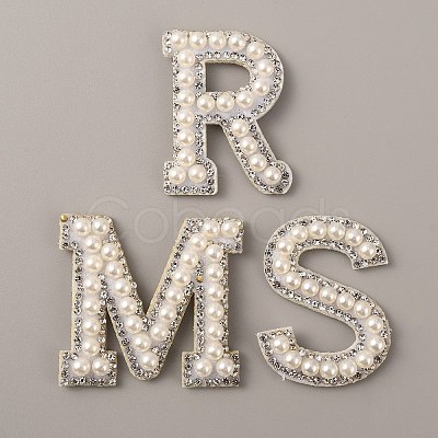 Letter.M/R/S Plastic Imitation Pearl Beaded Iron on Appliques for Wedding PATC-WH0005-03-1