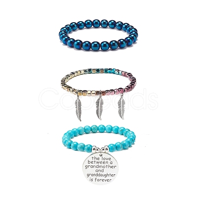 3Pcs 3 Style Synthetic Turquoise(Dyed) & Hematite Stretch Bracelets Set BJEW-JB08589-1