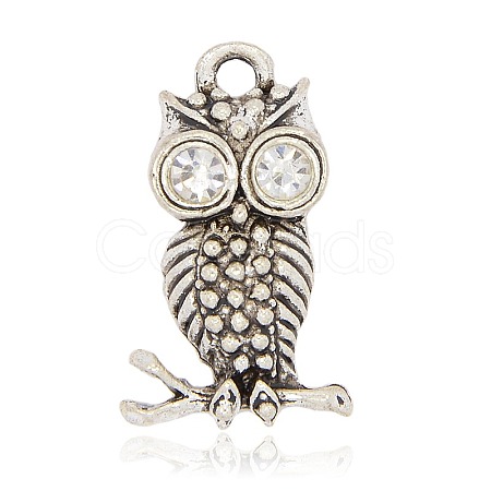 Antique Silver Alloy Rhinestone Owl Pendants for Halloween Jewelry ALRI-J058-01AS-1