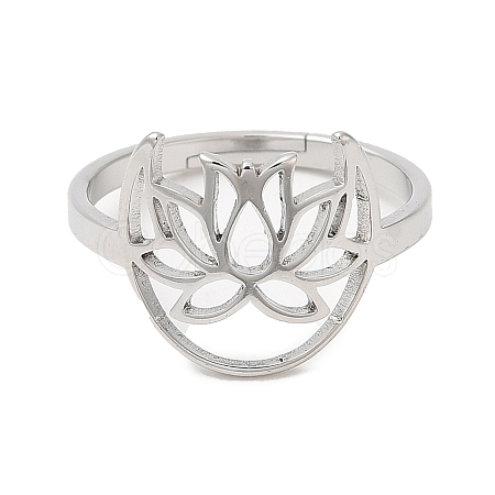 304 Stainless Steel Hollow Lotus Adjustable Ring for Women RJEW-M149-30P-1