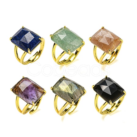 Rectangle Natural Gemstone Open Cuff Rings RJEW-C087-05G-1