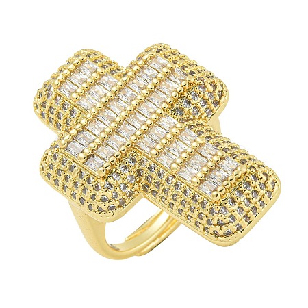 Cross Brass with Cubic Zirconia Open Cuff Rings RJEW-U011-09G-01-1