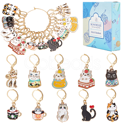 SUNNYCLUE 20Pcs 10 Style Alloy Enamel Cat Charm Locking Stitch Markers HJEW-SC0001-29-1