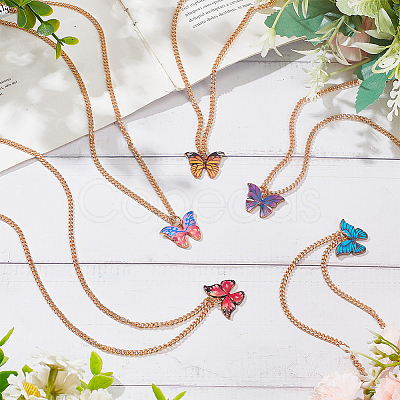 ANATTASOUL 5Pcs 5 Colors Butterfly Alloy Enamel Pendant Necklaces for Women NJEW-AN0001-80-1