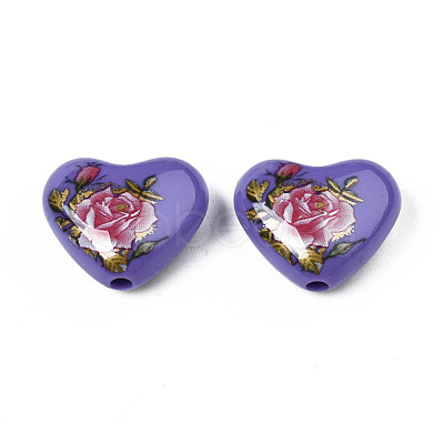 Flower Printed Opaque Acrylic Heart Beads SACR-S305-28-M04-1