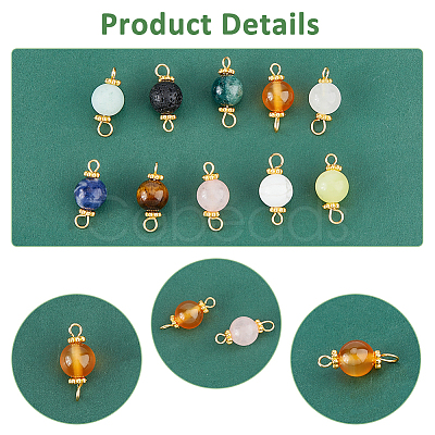 100Pcs 10 Styles Natural Mixed Gemstone Round Link Connector Charms PALLOY-FH00004-1