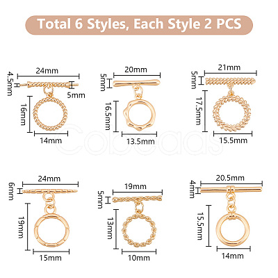 PandaHall Elite 12Pcs 6 Styles Brass Toggle Clasps KK-PH0006-45-1