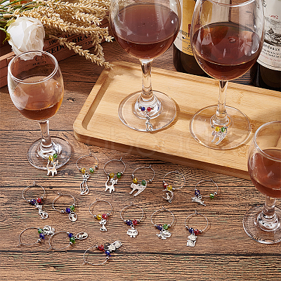 24Pcs 12 Style Tibetan Style Alloy Pendant & Brass Ring Wine Glass Charms AJEW-AB00056-1