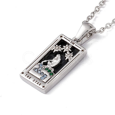 Brass The Star Rectangle Tarot Card Pendant Necklace with Cubic Zirconia NJEW-G095-07P-1