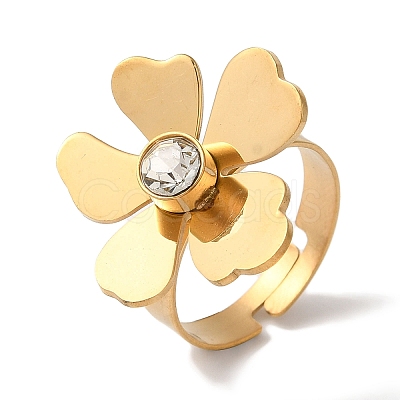 Flower Golden Ion Plating(IP) 304 Stainless Steel Rhinestone Adjustable Rings for Women RJEW-K276-02G-1