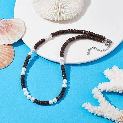 Natural Coconut Column and Shell Pearls Bead Necklaces for Women NJEW-JN04666-1