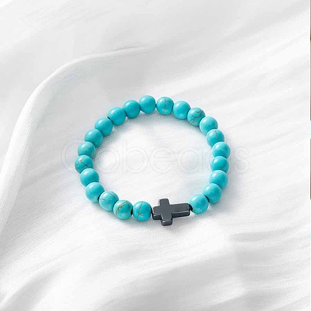 Cross Synthetic Turquoise Beaded Stretch Bracelet SA8738-2-1