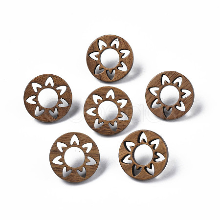 Donut with Flower Walnut Wood Stud Earrings with 316 Stainless Steel Pin for Women X-EJEW-N017-007-1
