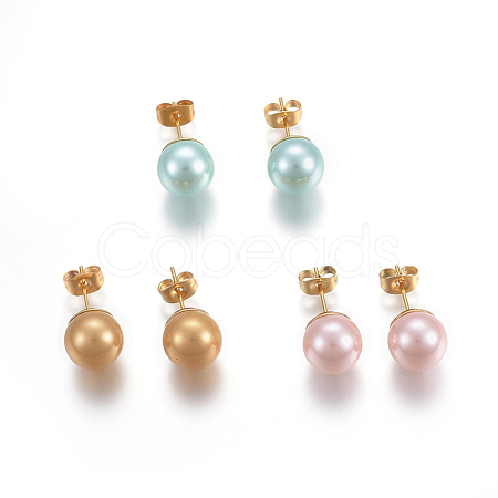 Shell Pearl Ball Stud Earrings EJEW-F178-02-1