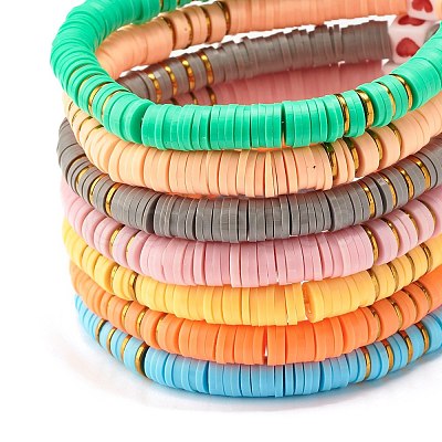 7Pcs 7 Style Polymer Clay Heishi Beaded Stretch Bracelets Set with Heart BJEW-JB07529-1