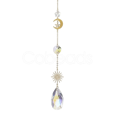 Glass Crystal Balls & Brass Sun Moon Pendant Ornament HJEW-JM02158-1