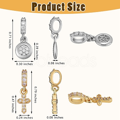 8Pcs 4 Styles Brass Micro Pave Clear Cubic Zirconia European Dangle Charms ZIRC-SZ0004-30-1