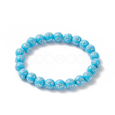 Acrylic Round with Cross Beaded Stretch Bracelet for Kids BJEW-JB09936-1