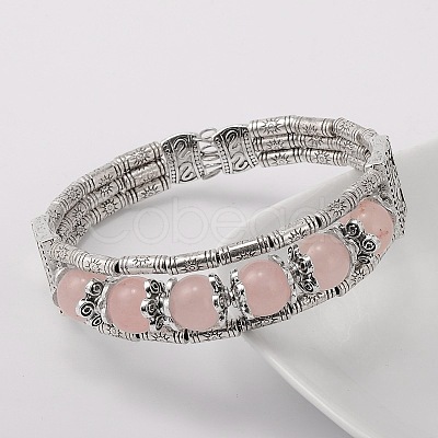 Tibetan Style Antique Silver Alloy Natural Rose Quartz Gemstone Bracelets X-BJEW-JB01649-03-1